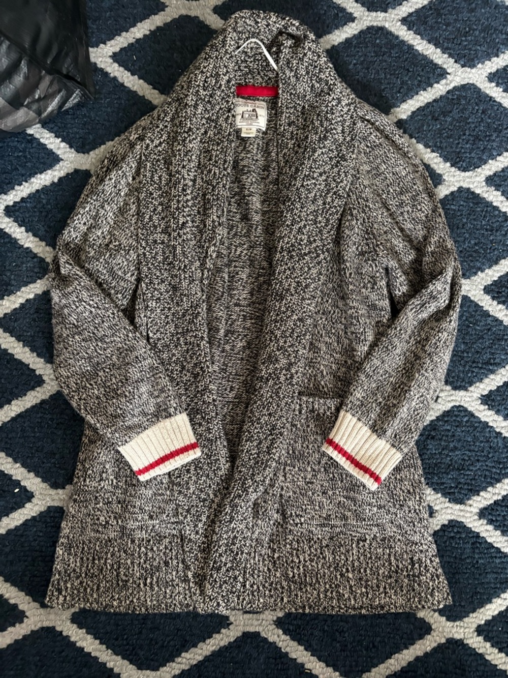 Roots Salt and Pepper Black & White Shawl-Collar Cardigan with Red-Trim Cuffs